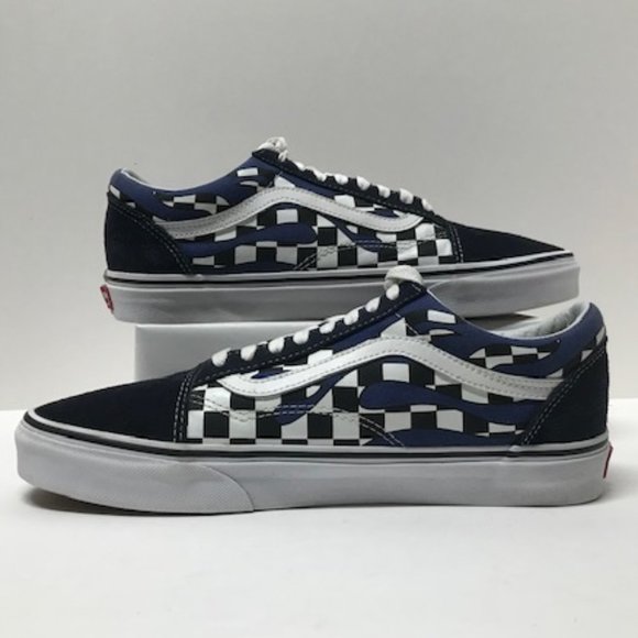 Vans Old Skool Checker Flame in Navy Blue Checker/True White Canvas Skate Shoes - Picture 8 of 16